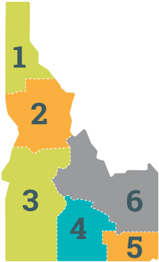 Map of the 6 Idaho educational regions.